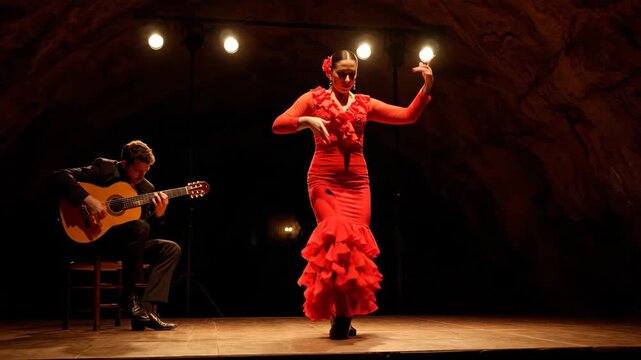 Passionate Flamenco Dancer in Red Dress Performs on Stage with Guitarist.