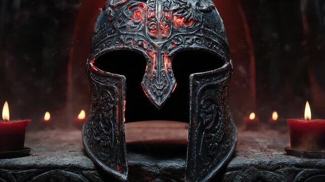 A highly detailed, ornately decorated helmet, with candles, set in a mysterious, dark chamber