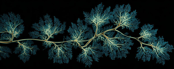 Naklejka na ściany i meble Fractal branch glowing vein organic pattern neural network abstract tree luminous lines dark background bioluminescent symmetry delicate detail