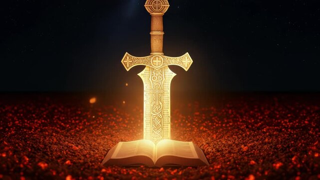 Medieval Sword Shines Brightly Above An Ancient Book, Revealing Hidden Knowledge