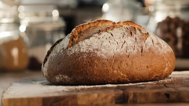 Freshly baked artisan bread loaf on a wooden surface, soft lighting