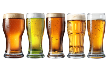 Set of various full and empty beer glasses. Isolated on transparent background. Realistic vector illustration