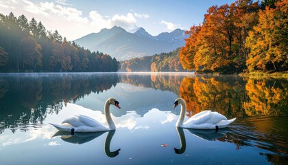 Two White Swans Glide Across a Calm Lake Surrounded by Autumn Trees and Majestic Mountains Under a Bright Sky