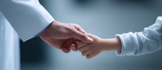 Child holding hand of doctor in clinic with gentle connection