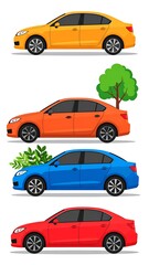 Fototapeta premium Four colorful sedan illustrations, varying in hues and added elements