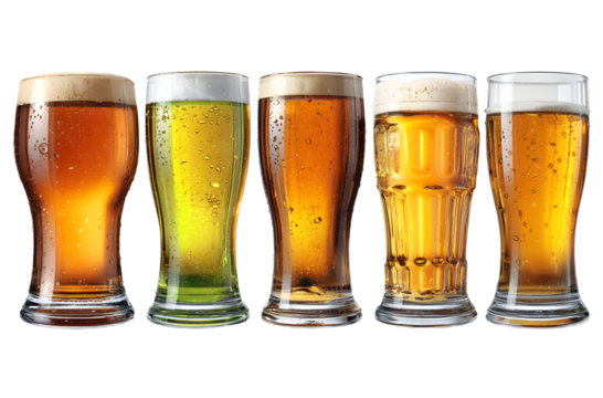 Set of various full and empty beer glasses. Isolated on transparent background. Realistic vector illustration - Powered by Adobe