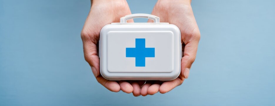 Hands holding a white first aid kit with blue cross on blue background  