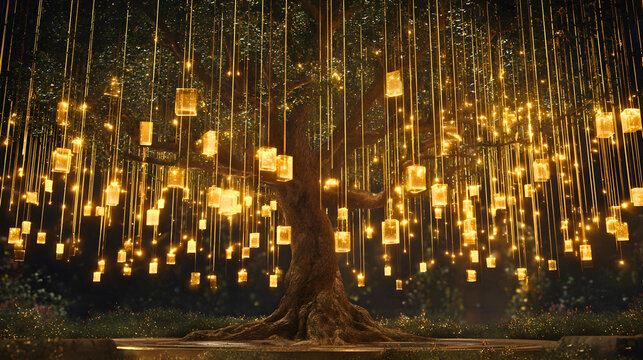 Magical glowing lanterns hanging from a tree creating a whimsical enchanting atmosphere at night