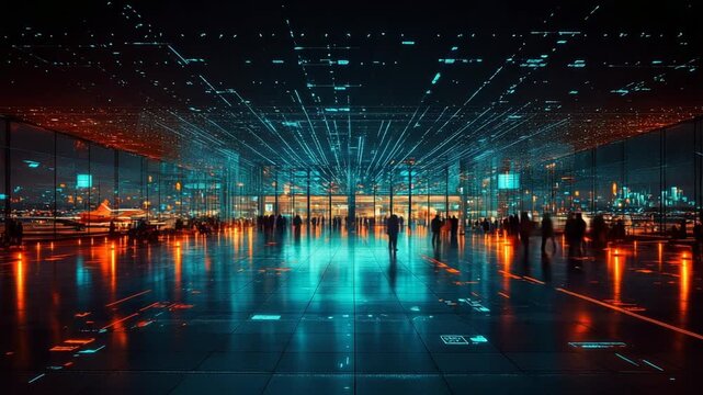 Futuristic airport terminal with glowing digital displays