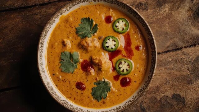 Creamy Indian Curry Dish Garnished with Cilantro and Jalape?os