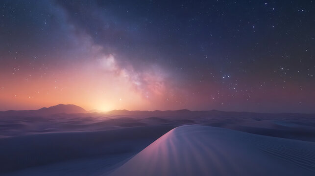 Serene desert landscape with captivating starry night sky and pastel hues at dusk for travel ads