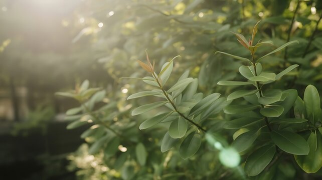 Close-up of green leaves and new shoots with sunlight and lens flare