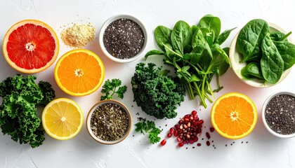 Vibrant Assortment Of Fresh Healthy Fruits And Leafy Greens Arranged Artfully On A White Surface