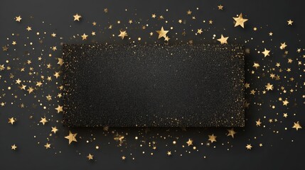 Obraz premium Merry christmas concept with black blank ticket on sparkling glitter texture background featuring golden shiny stars, holiday greeting card, template, banner, or label for festive wishes and seasonal 