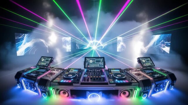 Vibrant Dj console setup in a dark environment with neon lights and laser beams at party