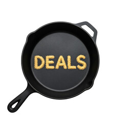 Rustic cast-iron skillet, top-down, featuring 'DEALS' in sparkling golden salt. Ideal for kitchenware, home goods, foodie sales, Black Friday, Cyber Monday, and holiday promotions.