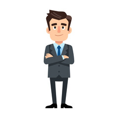 Obraz premium A confident businessman stands with arms crossed, wearing a suit and tie.