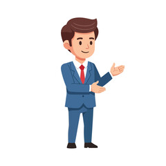 A cartoon businessman in a blue suit gestures with open hands.