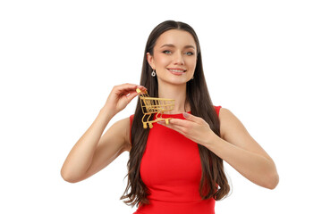 Happy woman in red enjoys Black Friday shopping, isolated, PNG