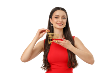 Happy woman in red enjoys Black Friday shopping, isolated, PNG