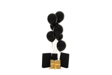 Black balloons rise above a golden gift box, isolated, PNG