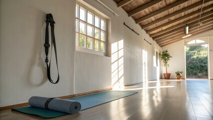 Rolled yoga mat on floor wall strap sunlit hallway wooden ceiling white wall window light indoor plant calm space. Peaceful wellness studio vibe