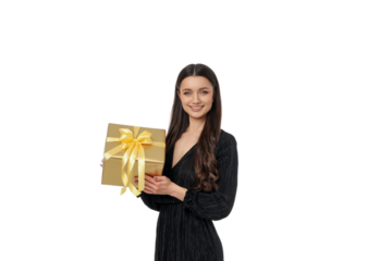 Happy woman shows a gold gift box with ribbon, isolated, PNG
