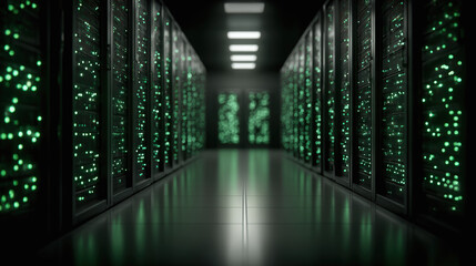 Server rack aisle with green lights pulsing softly, modern data center technology, secure, futuristic, efficient, digital infrastructure