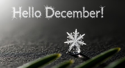 Hello December Sparkler Text with Snowflake and Pine Needles on Dark Background.
