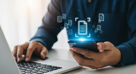 Mobile document scanning and finance report analysis tax budget financial accounting workflow with smartphone and laptop in office showing document capture and data transfer