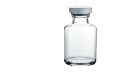 A clear glass vial with a gray stopper sits against a stark black background in a studio setting on transparent background