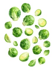 Fototapeta premium Fresh, raw Brussels sprouts arranged against white background