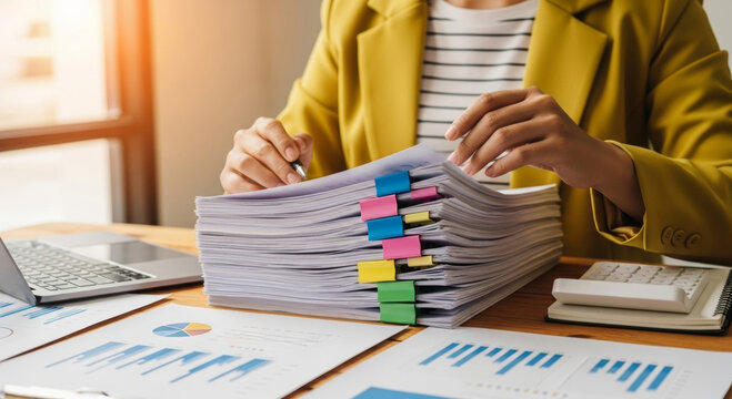 Financial report analysis tax budget financial accounting professional sorting stacked document with colorful clips on desk and charts showing data and calculator