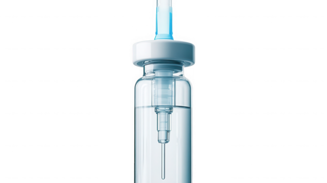 Close up of a clear glass vial with a white cap and a needle inside against a black background on transparent background