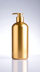 Naklejka premium Gold-colored dispenser bottle, filled against a gradient white backdrop