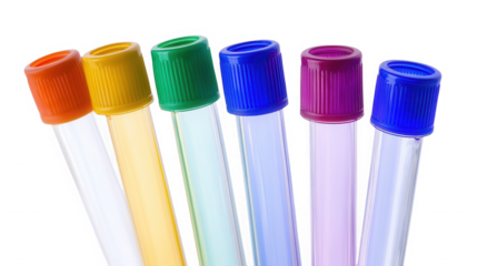 A collection of six test tubes with different colored caps arranged against a black background on transparent background
