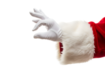 Santa claus hand with white glove and red traditional costume making gesture of catching something delicately with transparent background