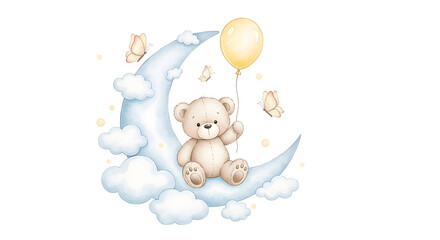 Cute teddy bear sitting on a crescent moon with a balloon