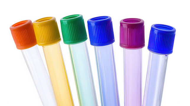 A collection of six test tubes with different colored caps arranged against a black background on transparent background - Powered by Adobe