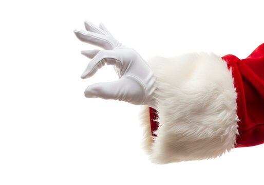 Santa claus hand with white glove and red traditional costume making gesture of catching something delicately with transparent background