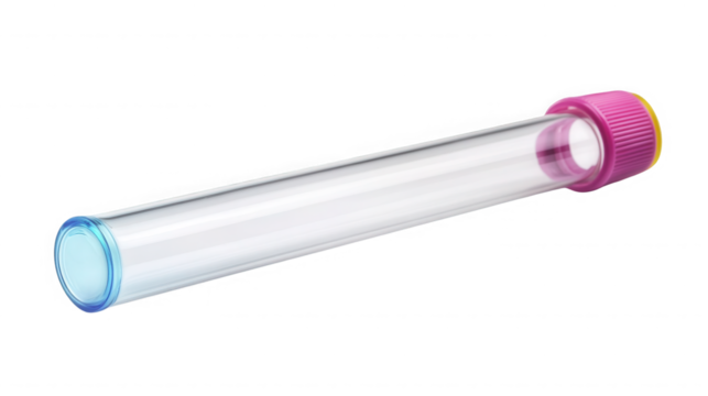 An empty test tube with a pink and yellow cap and a blue rim lies on a black background on transparent background