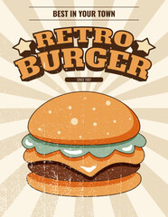 Retro burger vertical poster with classic fast food illustration. Vector illustration in vintage mid century 1950s style with textured for diner branding, restaurant print, packaging, social media