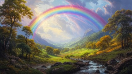 Obraz premium Mountain landscape with rainbow and stream