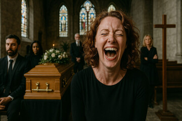 Woman laughing at funeral, concept of inappropriate emotions, dark humor, grief, and emotional conflict