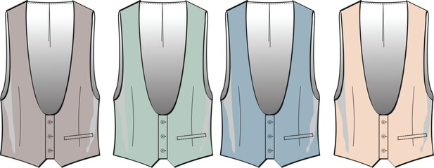 Collection of men's formal vests in various colors and styles for fashion design inspiration