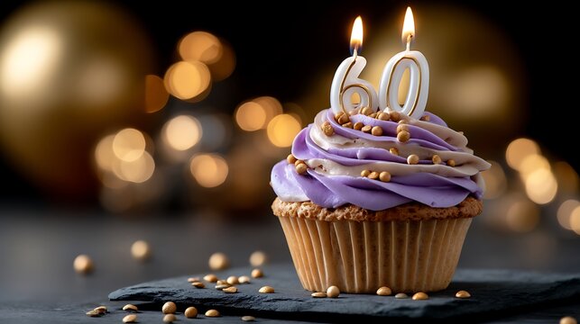 Purple and Gold Celebration Cupcake with Sixty Candles on a Slate Board