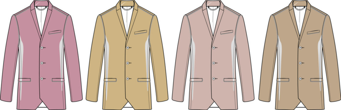Stylized vector illustrations showcasing four distinct men's suit jackets in a range of fashionable pastel and earthy tones, ideal for clothing catalogs and design templates