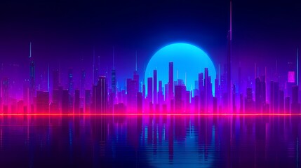 Futuristic City Skyline at Night Under a Bright Blue Moon with Neon Lights and Reflections