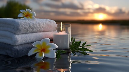 Tranquil Spa Setting with Towels, Candles, and Flowers at Sunset by Water Surface