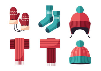 Six winter items mittens socks scarves and hats are neatly arranged on a white background